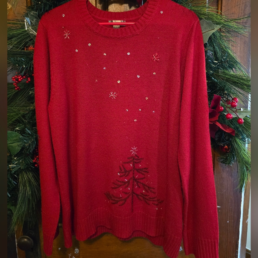 White Stag Christmas Sweater Size Xl Red Embroidered Tree Grannycore Embellished